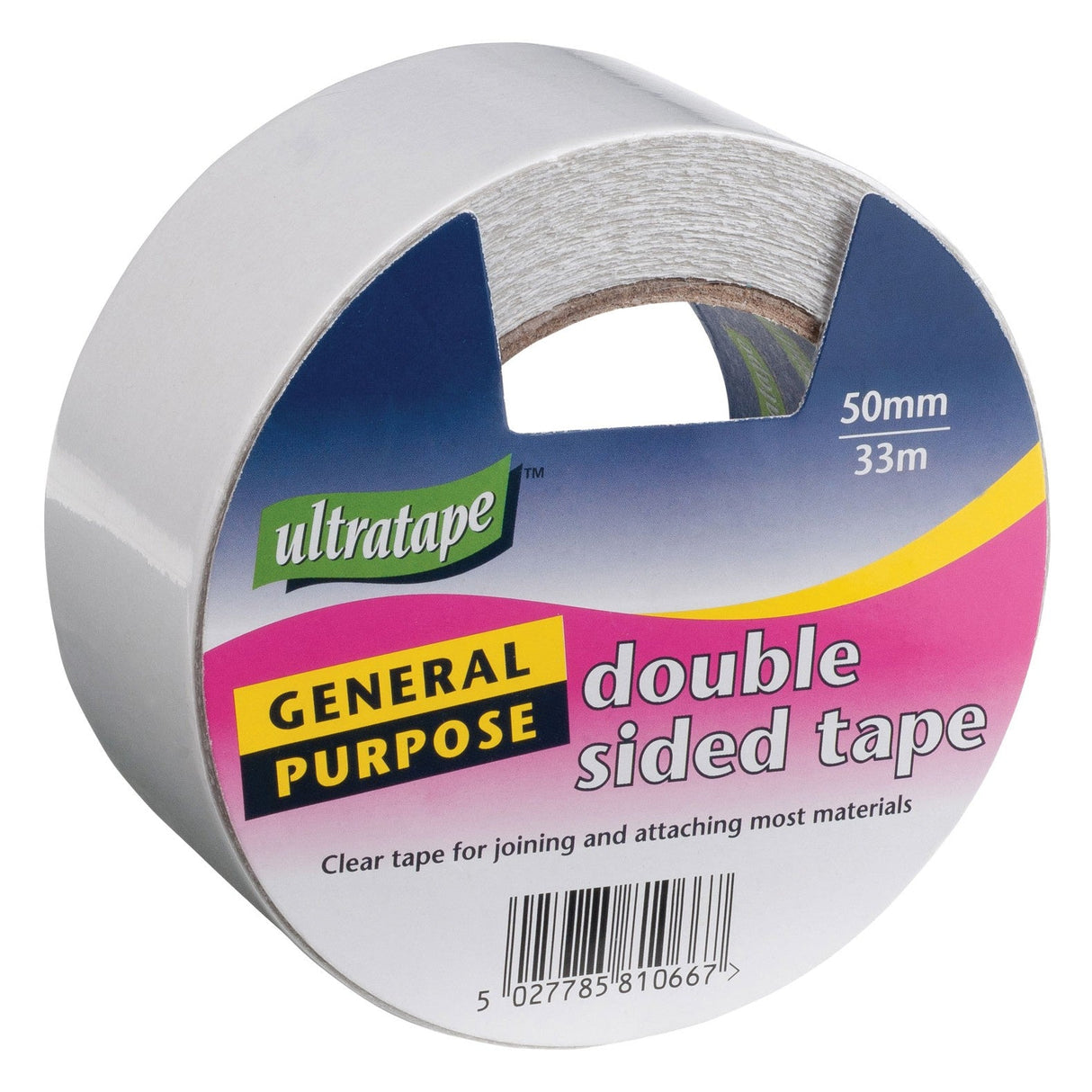 Ultratape Double Sided Tape - 50mm x 33M comes in colorful packaging (white, yellow, blue, pink) with product info on the label—perfect for general mounting applications.