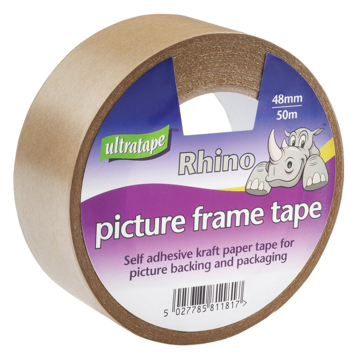 Ultratape Brown Picture Frame Tape - 48mm x 50M is a strong, self-adhesive paper tape ideal for picture backing and packaging. Features a purple and white label with a cartoon rhino. Made from durable brown craft tape.