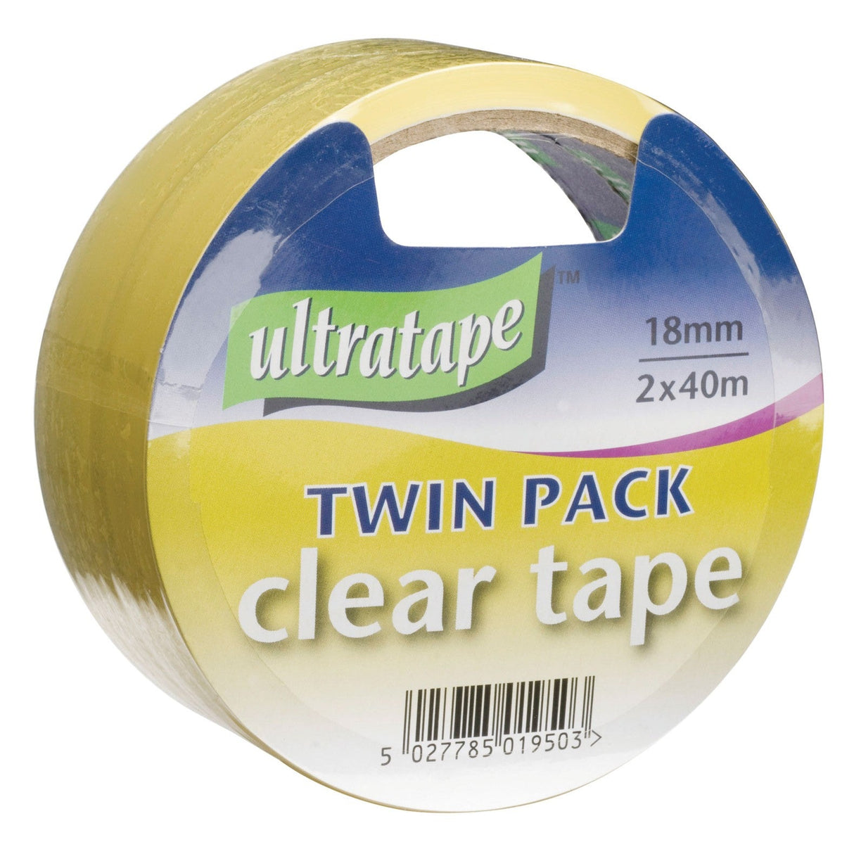 Ultratape Clear Tape - 18mm x 40M (Twin Pack) is ideal for gift wrapping and crafts. Each twin pack features clear tape in yellow and blue packaging with a barcode at the bottom.