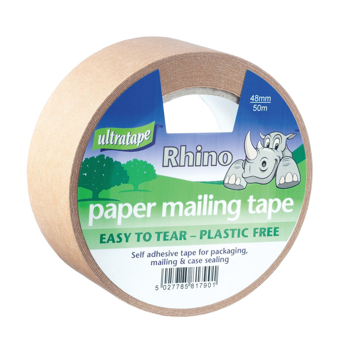 Ultratape Paper Mailing Tape - 48mm x 50M, easy to tear, plastic free, and features a cartoon rhino. It’s ideal for eco-friendly packaging, mailing, and case sealing.