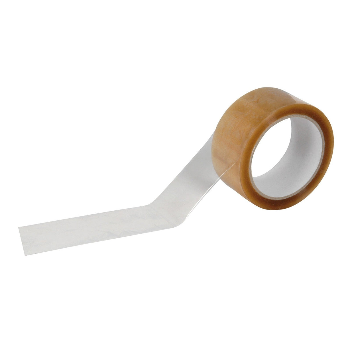 A partially unrolled Carton Clear Sealing Tape - 48mm x 66M shows a strip of transparent tape with a brown outer edge extending outward.