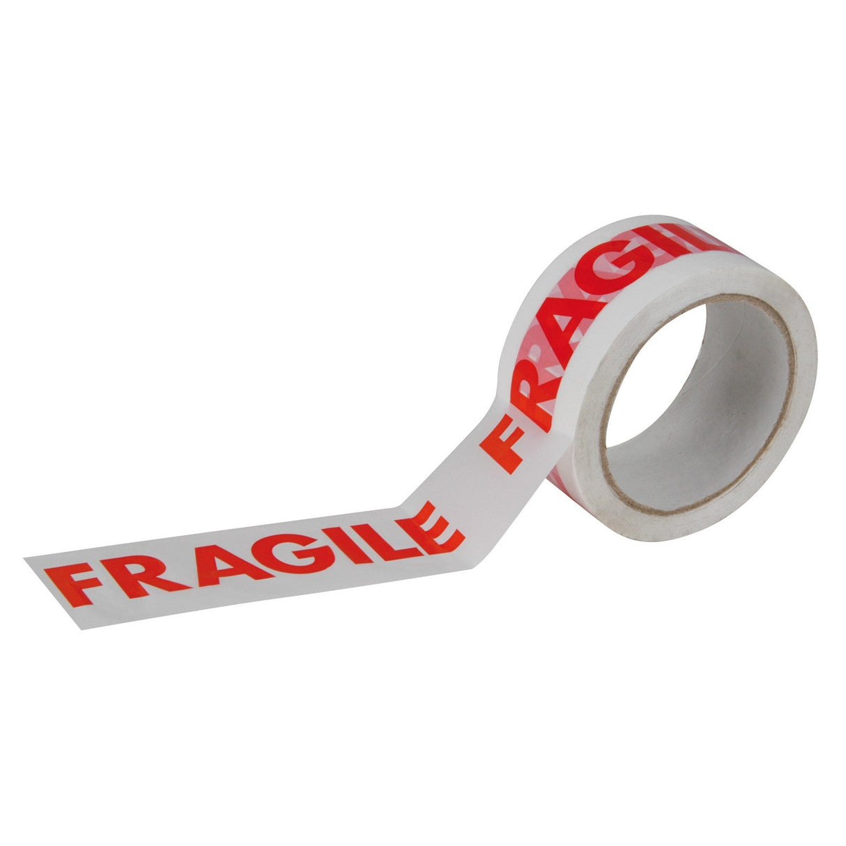 Ultratape Fragile Carton Sealing Tape (48mm x 66M) features bold red FRAGILE print on white, ideal for securing parcels and indicating careful handling during shipping.