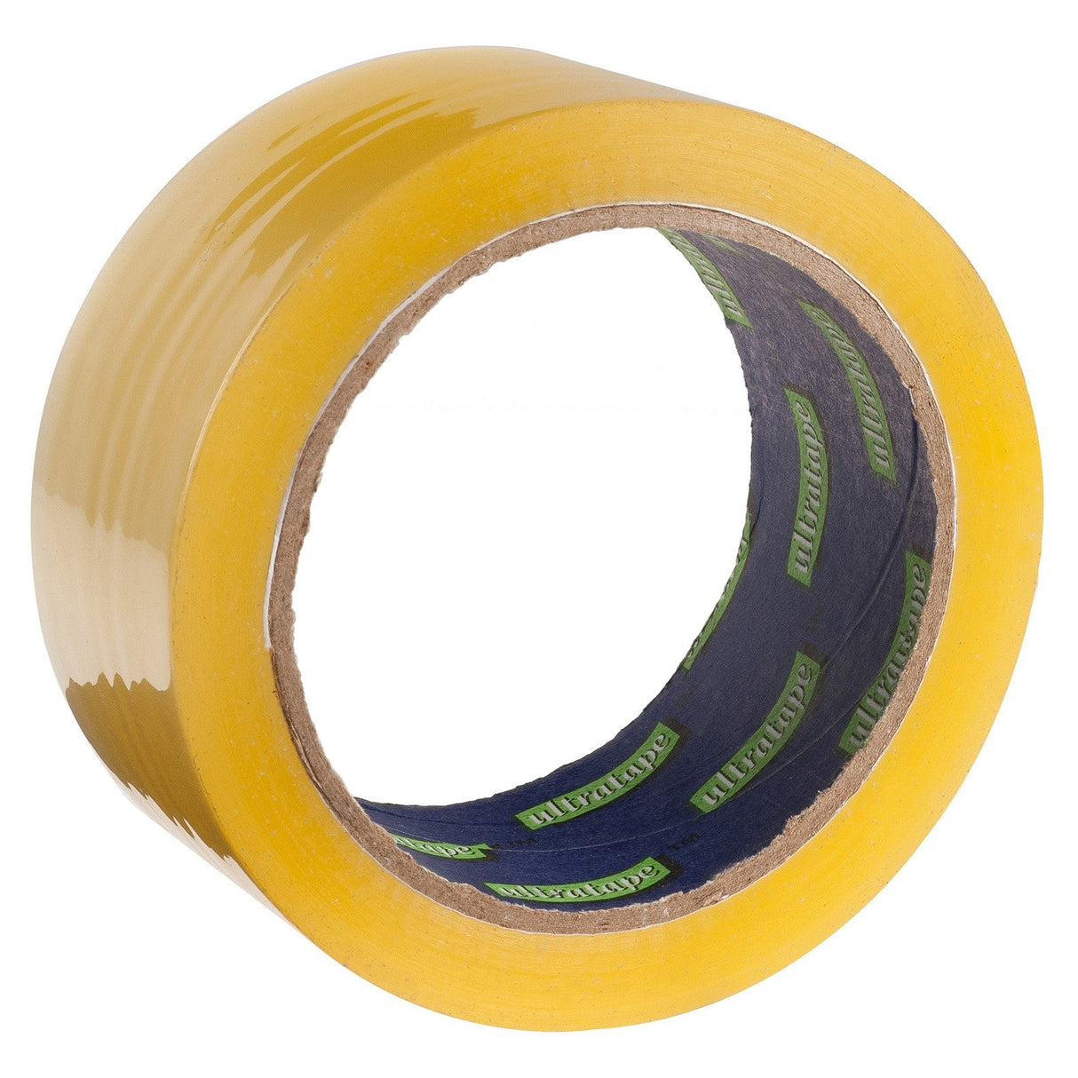 Ultratape Clear Carton Tape - 48mm x 66M, a strong adhesive clear yellow packing tape with a cardboard core, is shown angled on a white background.