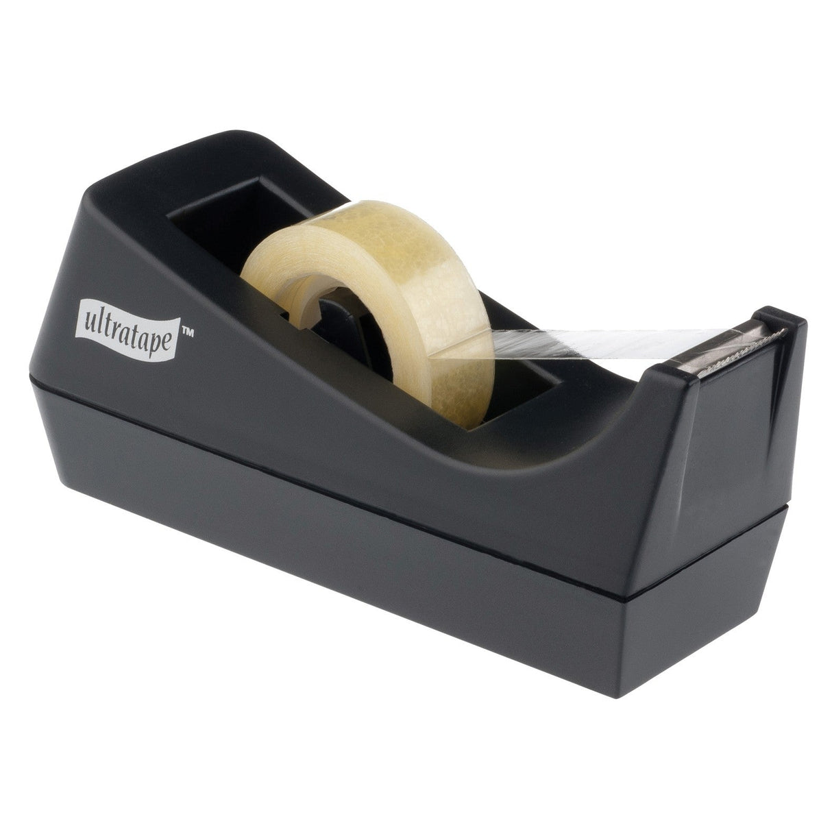The Ultratape Desktop Tape Dispenser is a black plastic dispenser holding a roll of invisible tape, with the tape partially extended and ready to use—ideal for gift wrapping. ultratape is printed on the side.