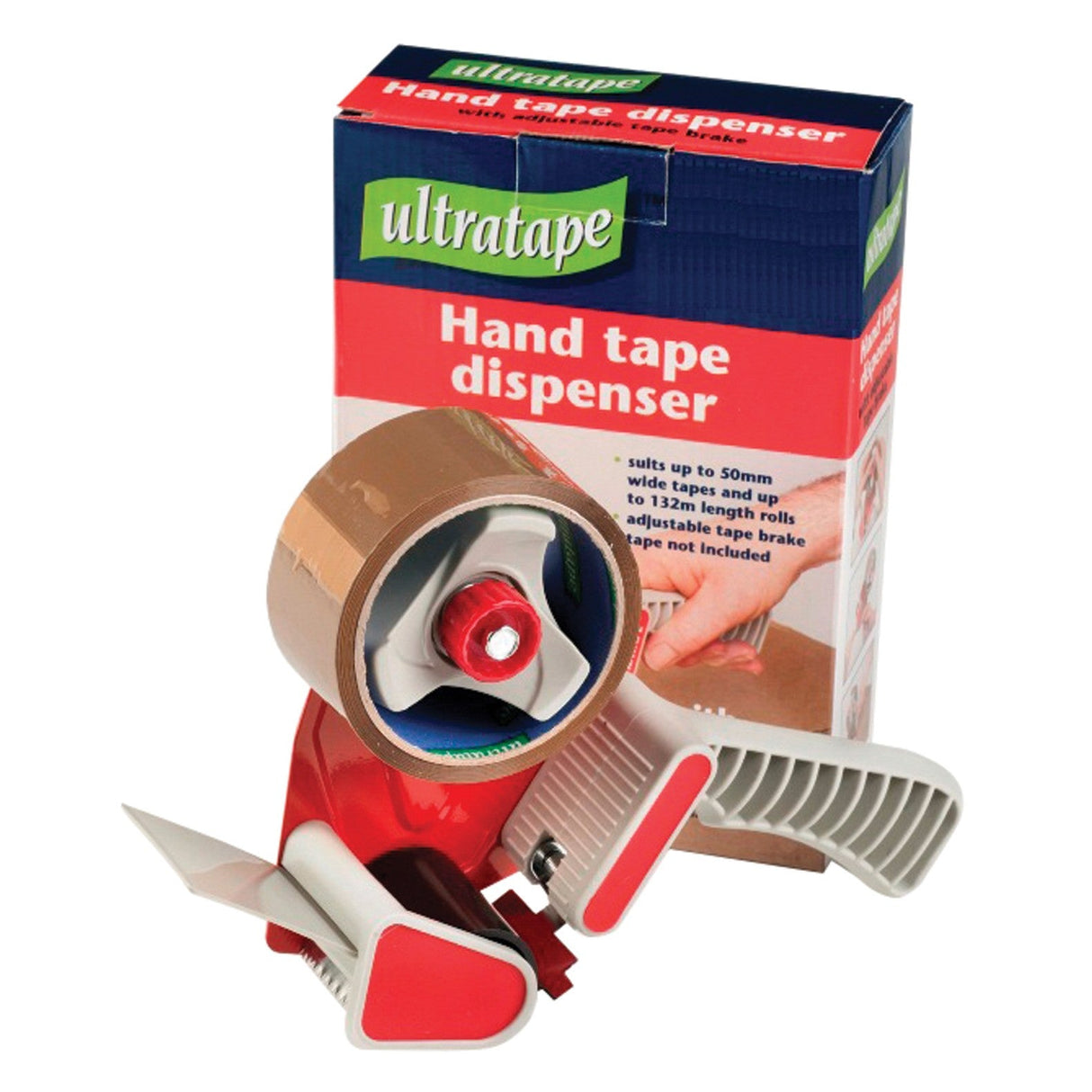 The Ultratape Tape Gun Dispenser is a handheld parcel tape dispenser with an adjustable brake, featuring brown packing tape and red, green, and white packaging.