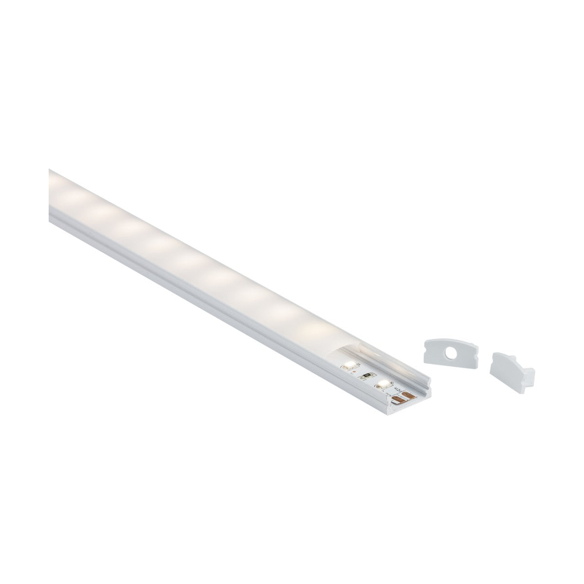 The Aluminium LED Profile 1m Surface Mount - White is displayed, featuring a white LED strip with visible bulbs partially enclosed. Two white end caps are placed beside the profile on a plain white background.