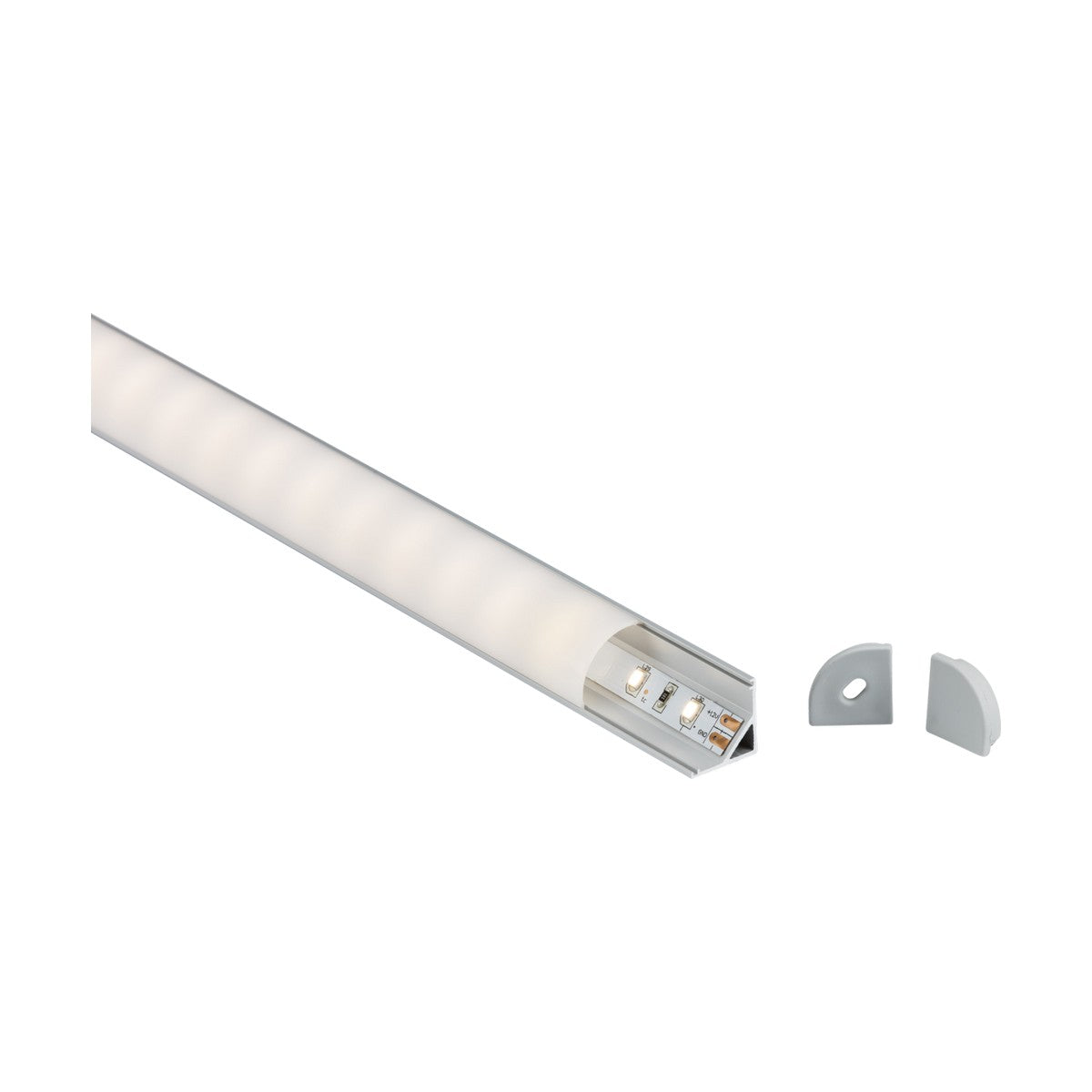 A close-up of the Aluminium LED Profile 1m - Surface Mount Corner reveals its sleek, silver aluminum design. The profile is partially covered with a translucent diffuser, and two grey plastic end caps are displayed separately.