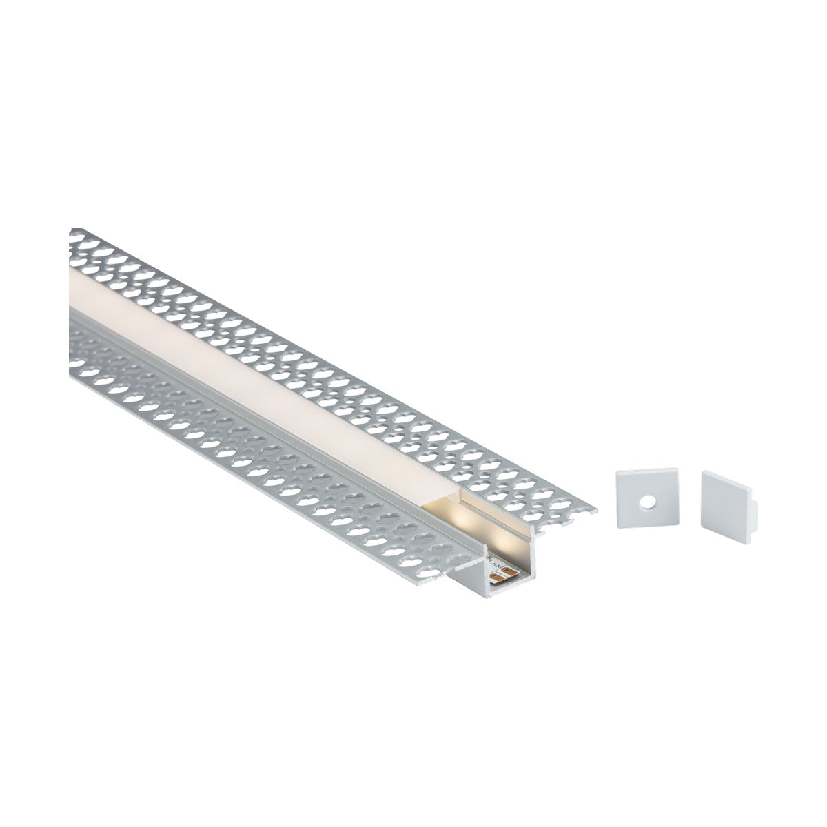 The Aluminium LED Profile 1m - Plaster-In Recessed, featuring a silver aluminum finish and perforated edges, is displayed against a white background to showcase its seamless light output. Accompanying it are two small rectangular end caps.
