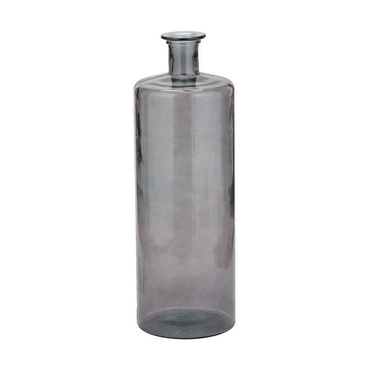 Tall grey recycled glass bottle vase, 75cm, with a cylindrical body and narrow neck, shown on a plain white background.