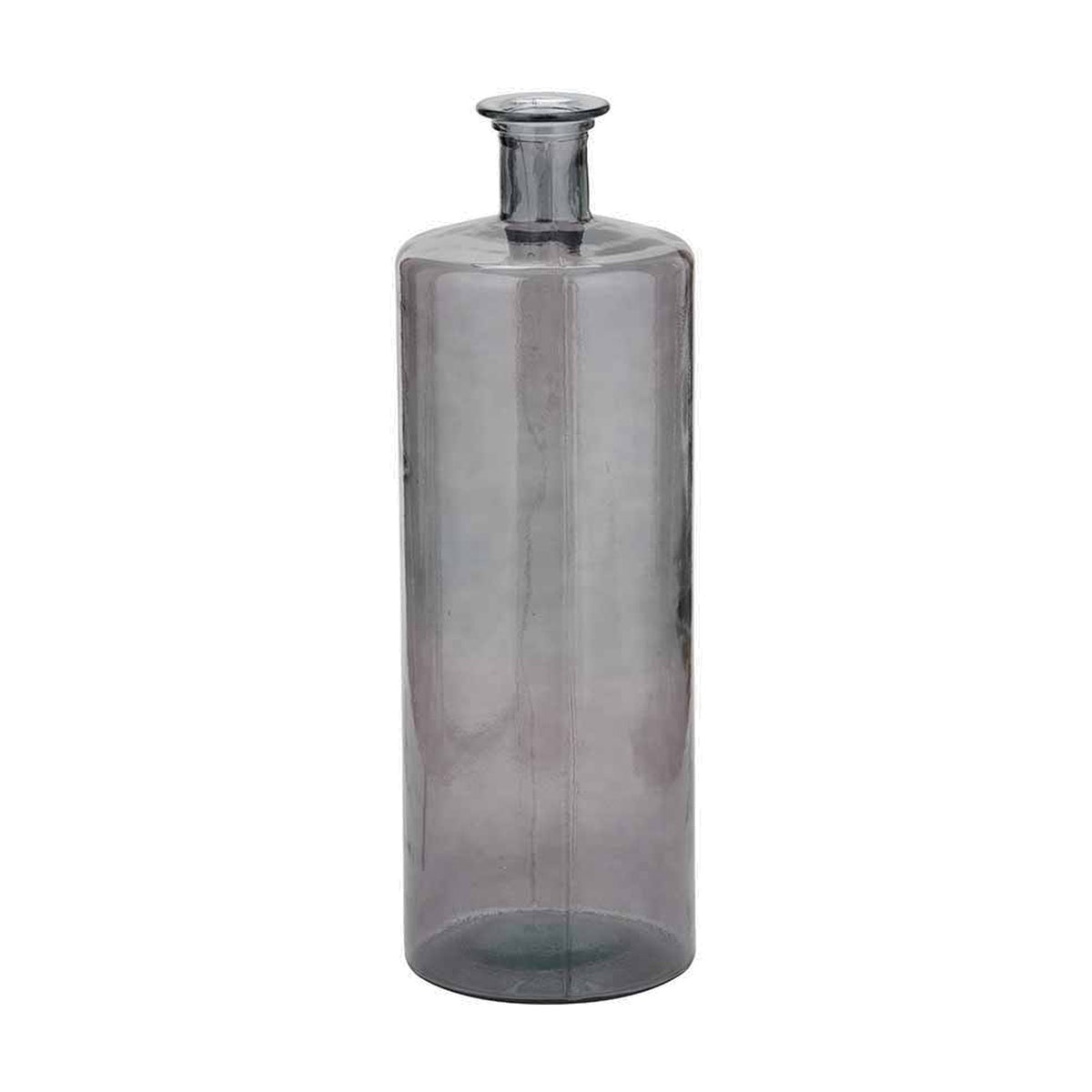 Grey Recycled Glass Bottle Vase, 75cm tall, cylindrical floor vase with narrow neck and rimmed opening, shown against a plain white background.