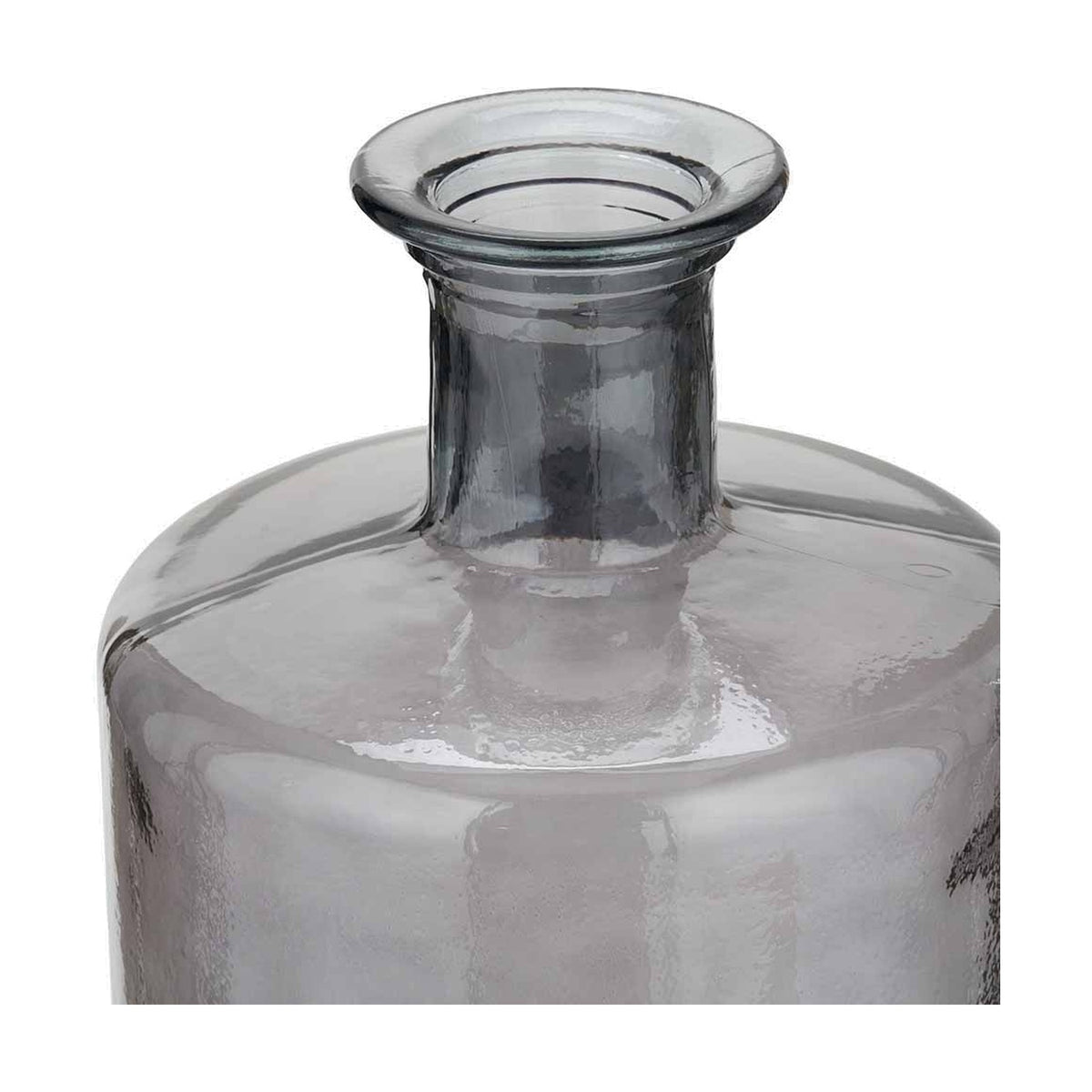 Close-up of the Grey Recycled Glass Bottle Vase, 75cm, showing its flared neck, wide rim, and rounded glass body in soft grey against a plain white background.