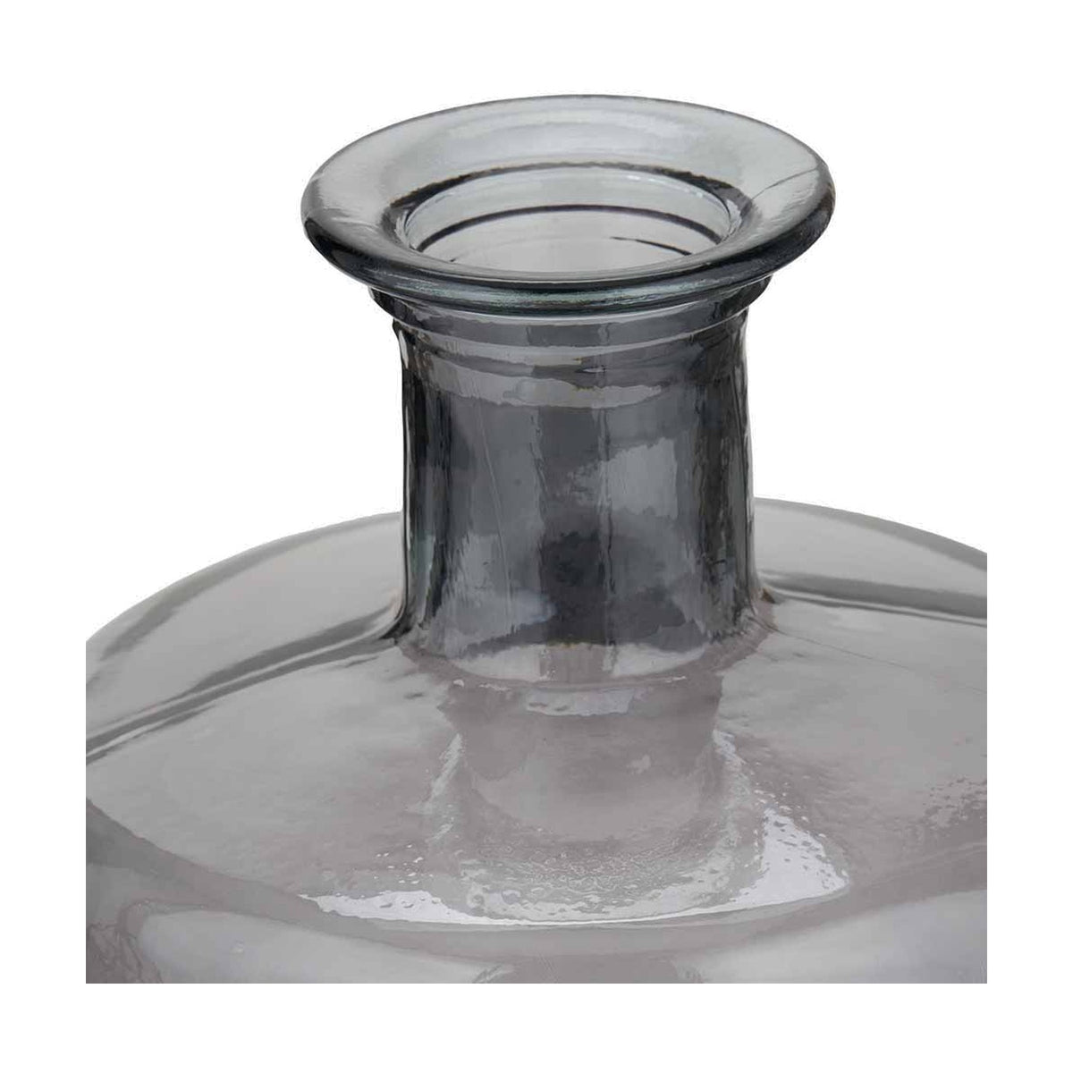 Close-up of a grey recycled glass bottle vase's neck and rounded rim, showing the wide bulbous body and glass texture against a plain white background.