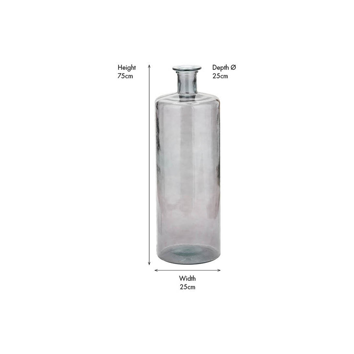Grey Recycled Glass Bottle Vase, 75cm tall floor vase with narrow neck and wide cylindrical body, shown with height and width dimensions on a white background.