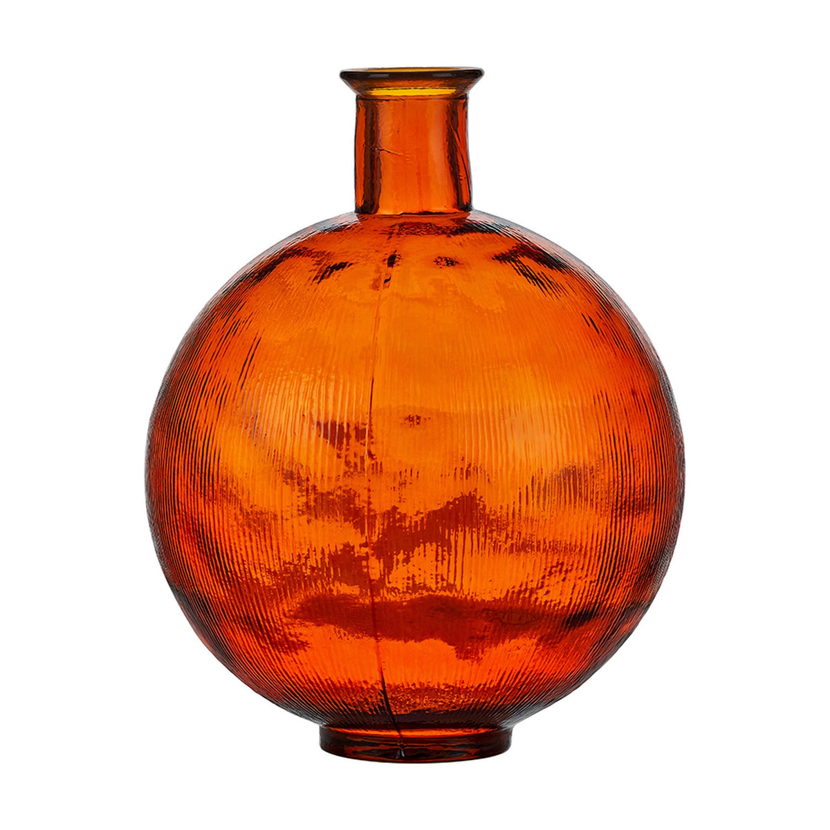 Orange Recycled Glass Vase, 34cm wide, round bulbous body with narrow neck, ribbed textured surface, on a plain white background.
