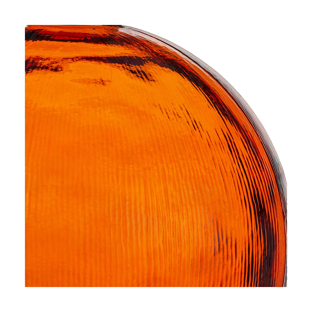 Close-up of the Orange Recycled Glass Vase, 34cm, showing textured ribbed glass and a curved rim in translucent orange against a white background.