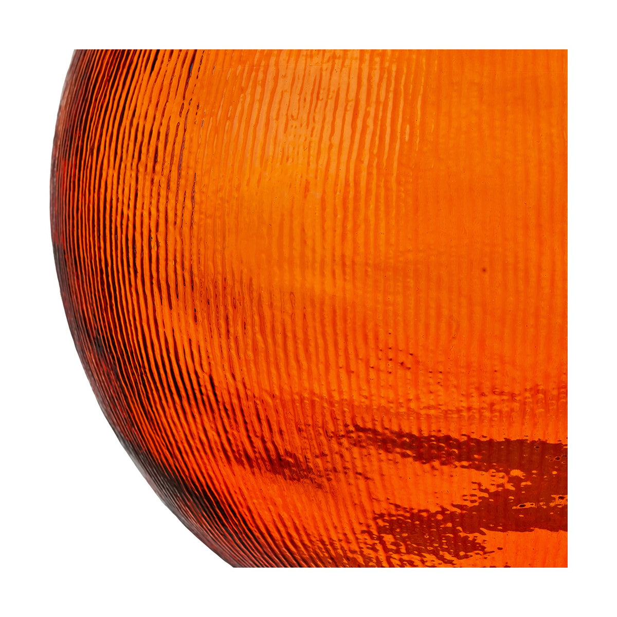 Close-up of the Orange Recycled Glass Vase, 34cm, showing ribbed textured glass in warm amber-orange tones with subtle vertical lines.