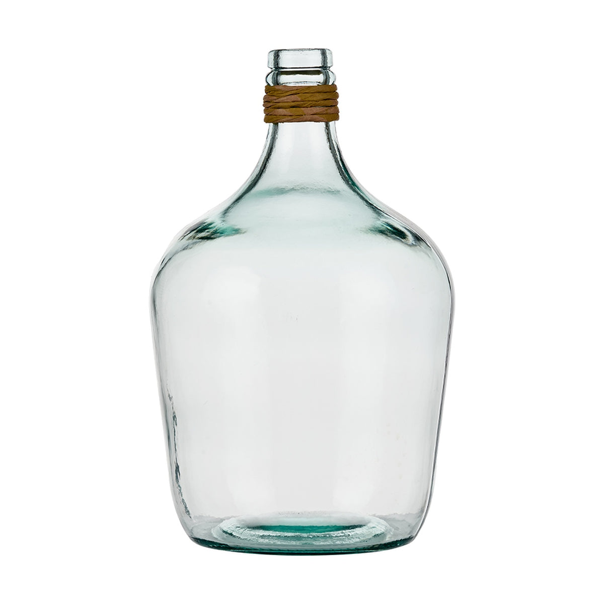 Clear recycled glass small bottle vase, 30cm, with a rounded body, narrow neck, and raffia-wrapped collar, shown on a plain white background.