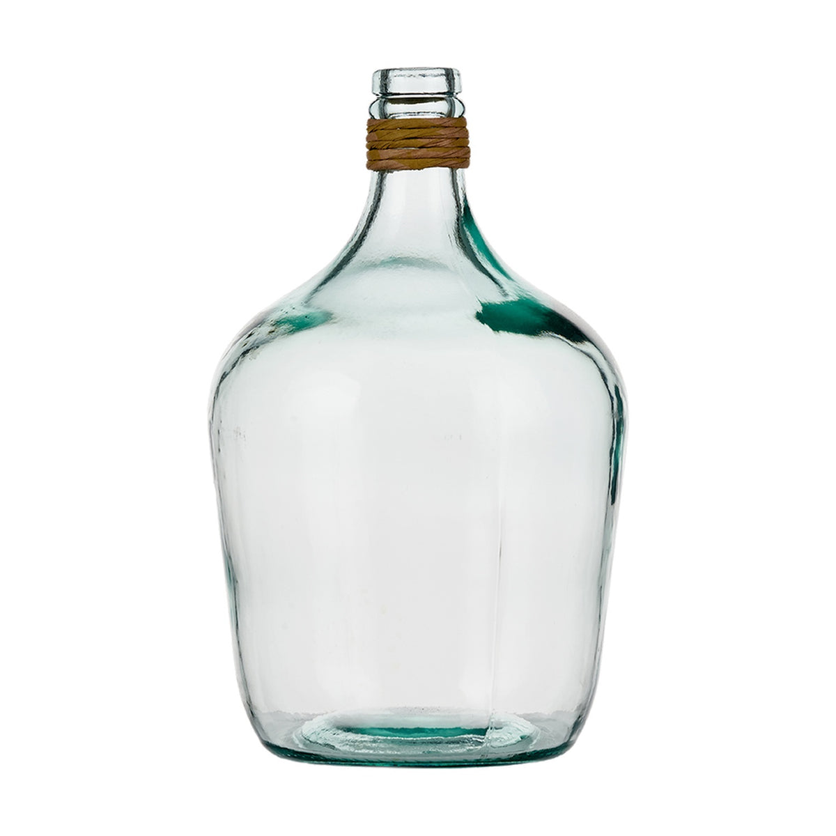 Clear recycled glass bottle vase, 30cm, with a rounded body, narrow neck wrapped in raffia cord, and short rim opening, shown on a plain white background.