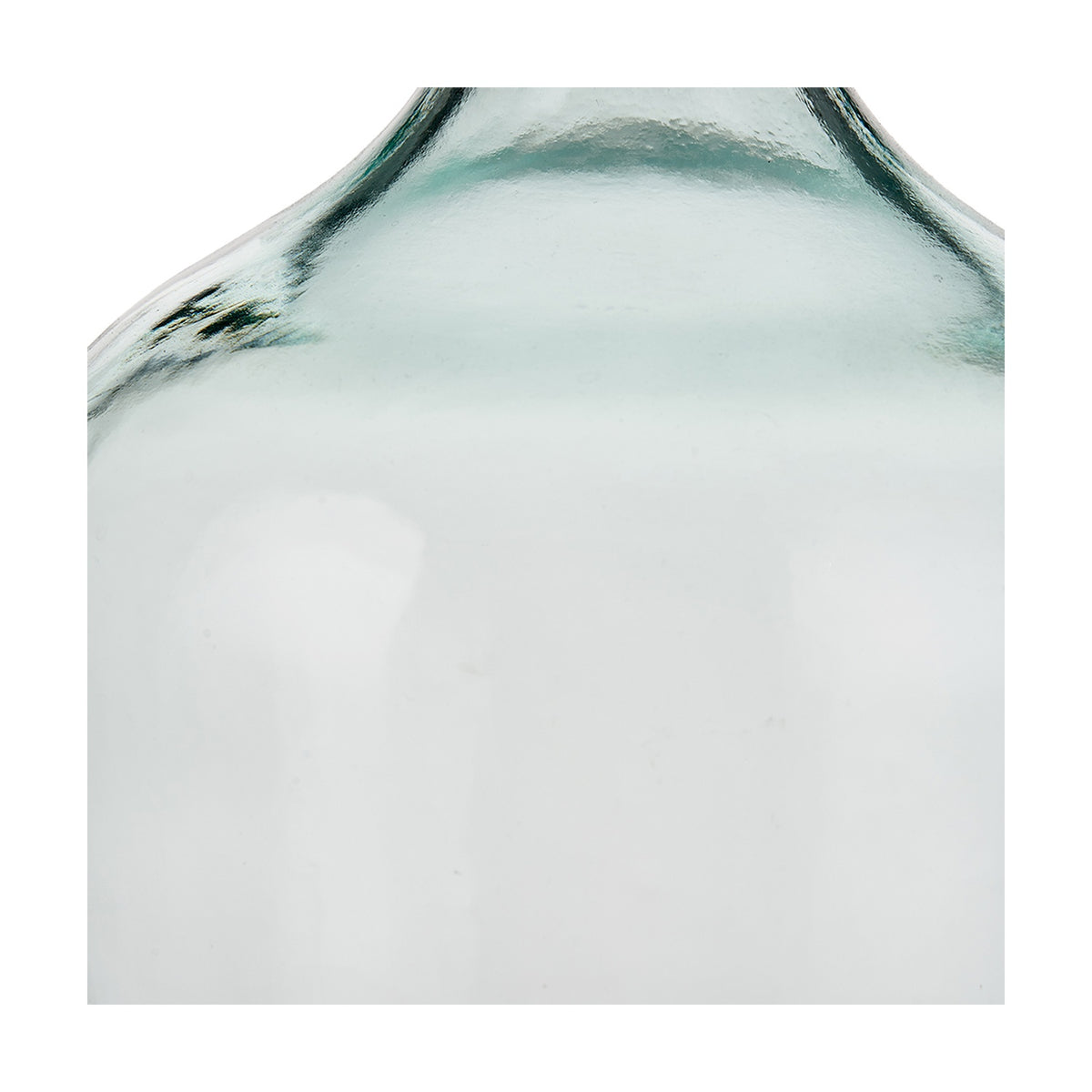 Close-up of the Clear Recycled Small Bottle Vase, 30cm, showing the narrow neck and rounded clear glass body against a plain white background.