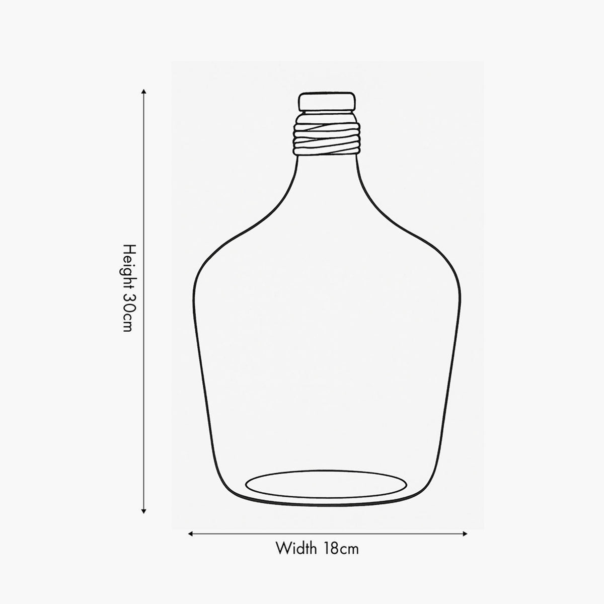 Line drawing of a clear glass small bottle vase with a raffia-wrapped neck, showing dimensions of 30cm height and 18cm width on a plain background.