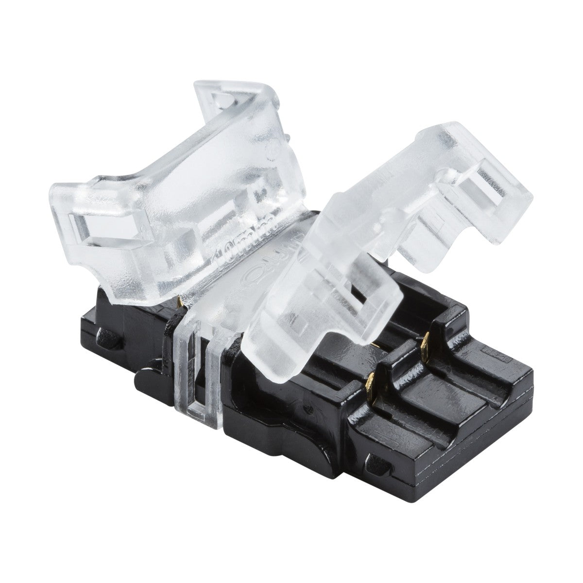 A 12V/24V LED Flex Wire To Strip Connector - Single Colour featuring a transparent polycarbonate finish with a black base and metallic contacts. It includes two open clips on top for easy insertion and secure connection of electrical wires, ideal for use as an LED flex connector.