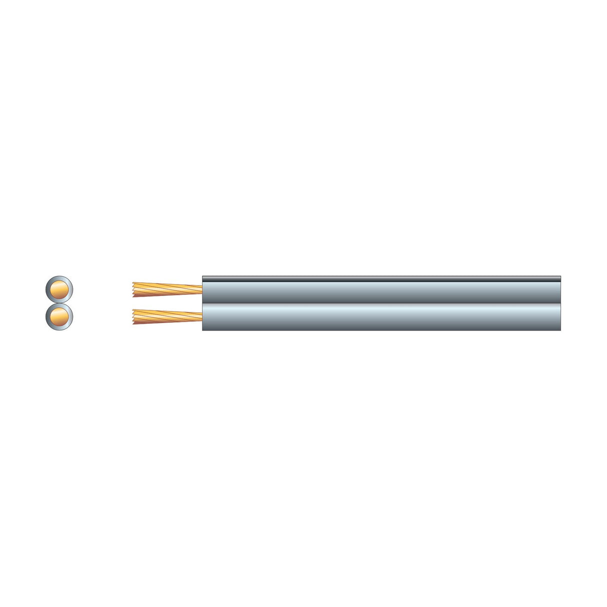 Mercury Fig 8 speaker cable with grey PVC sheath, twin-core figure 8 profile, and exposed copper strands, shown alongside a cross-section view.