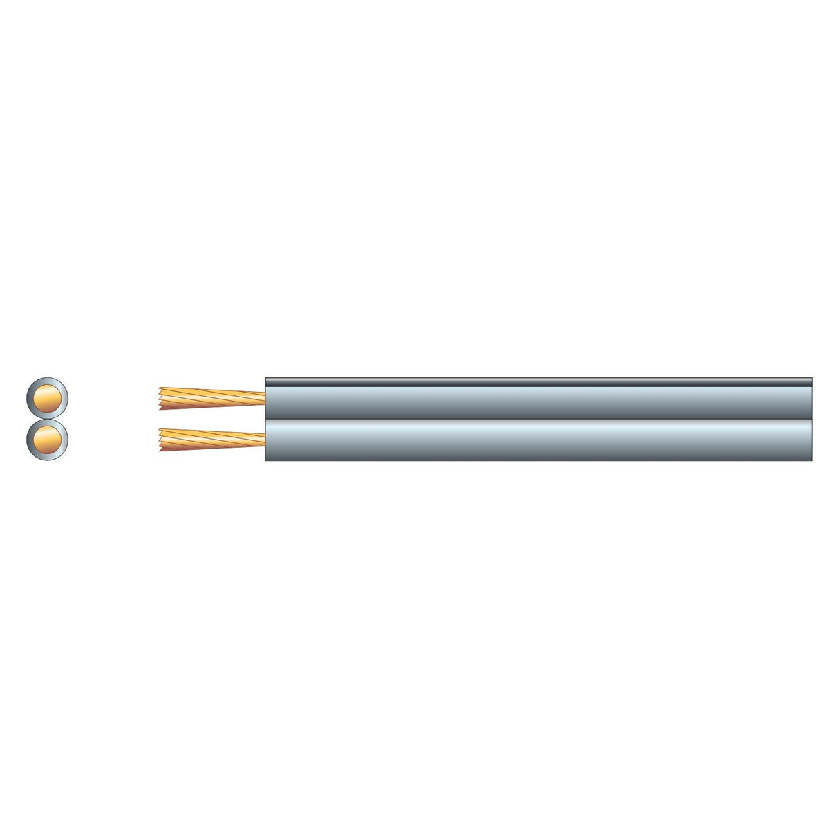 Illustration of a cross-section and side view of the Mercury Fig 8 Speaker Cable, 2 x 7, Grey/Black (100m). The cross-section reveals two circular CCA conductors, while the side view displays copper wires encased within gray outer insulation.