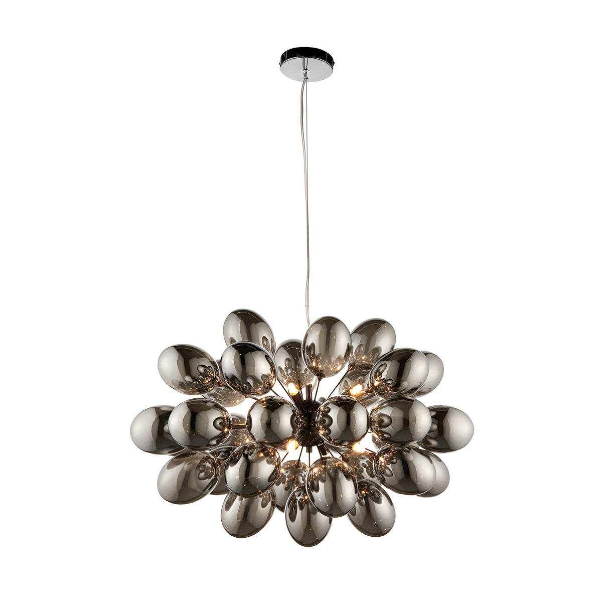Endon Brenworth 8 light pendant in black chrome with clustered electro-plated dark chrome glass shades, suspended from clear flex on a white background.