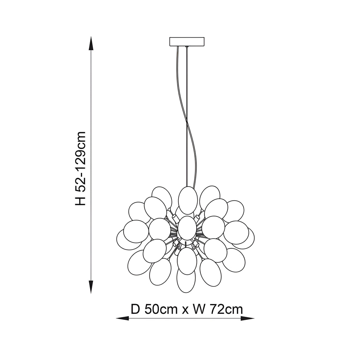 Dimensioned line drawing of the Endon Brenworth 8 light cluster pendant, showing 52–129cm adjustable height and 50 x 72cm shade spread.