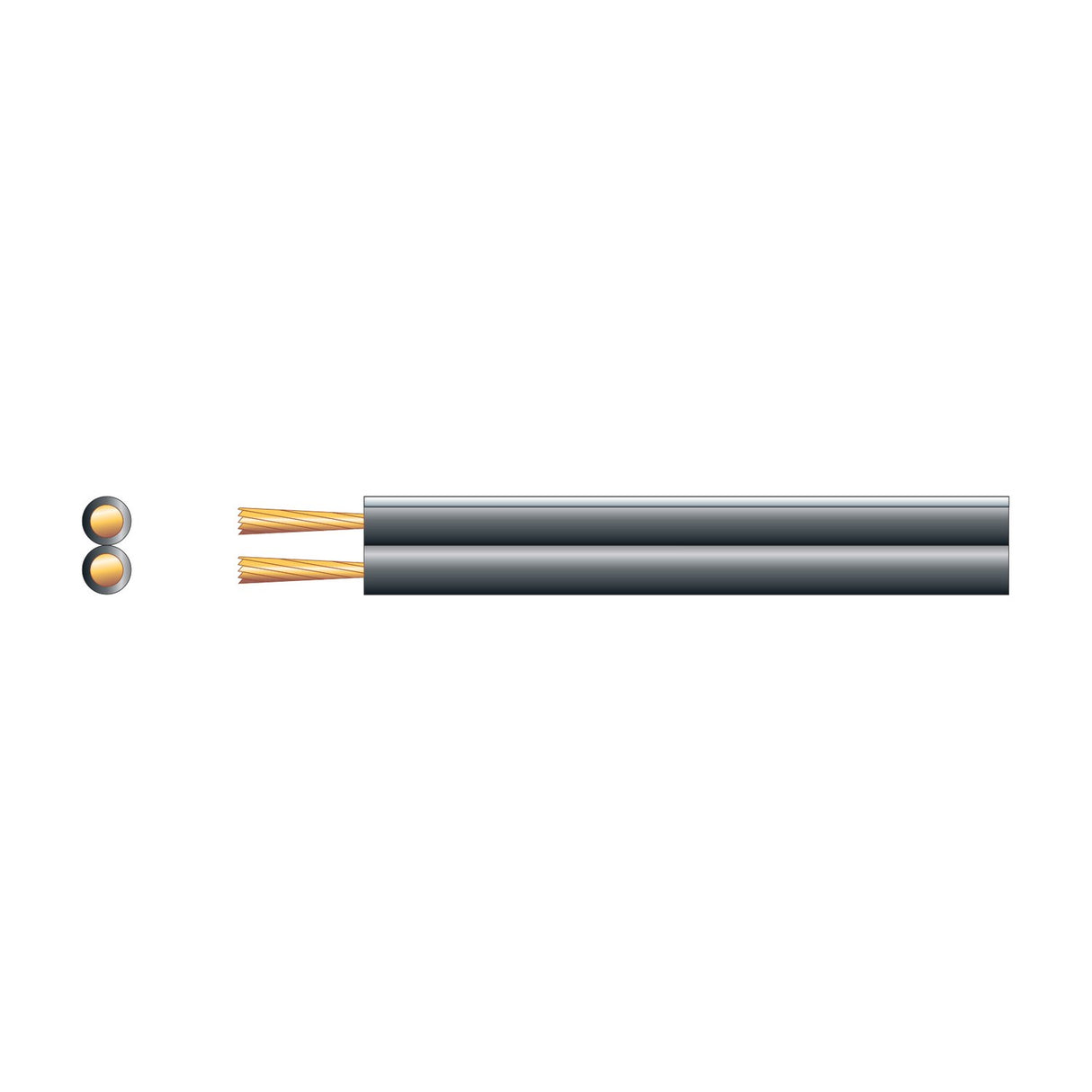 Mercury heavy-duty figure 8 speaker cable in black PVC with twin parallel conductors, shown with a cross-section revealing copper strands.