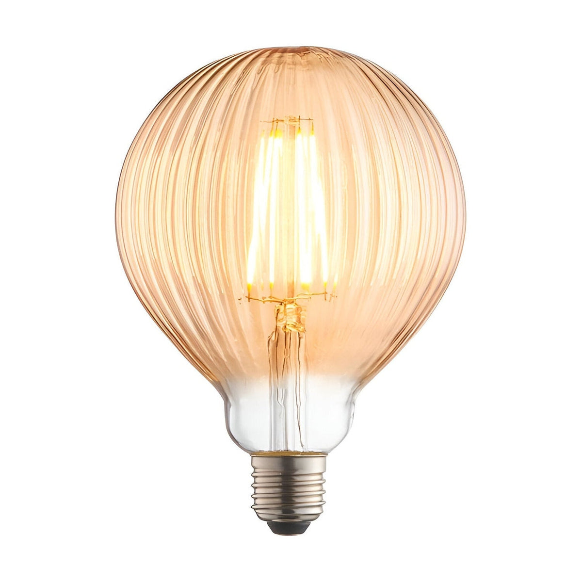 4W E27 LED filament globe bulb with ribbed amber glass and visible glowing filament, E27 screw cap base, on a plain white background.