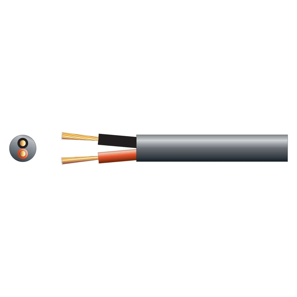 Illustration displaying a cross-section and side view of the Mercury 100V Line Speaker Cable, ideal for PA installations. This cable includes pure copper strands in black and red insulated wires, all enclosed within a durable gray sheath.