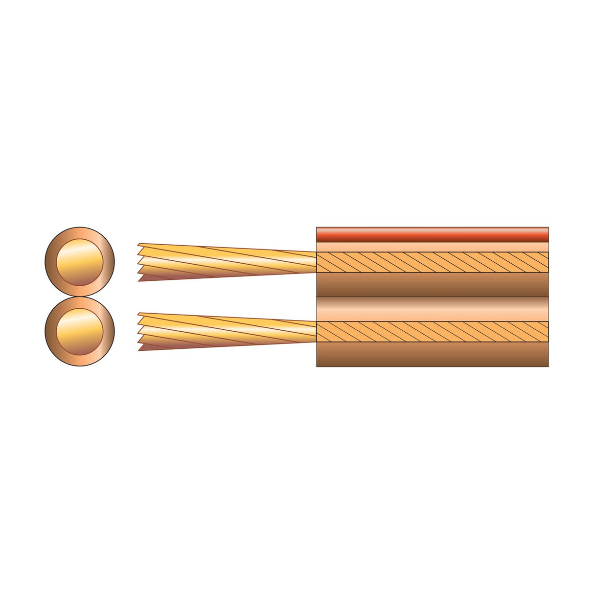 Cross-section diagram of Mercury two core speaker cable showing twin stranded copper conductors in a clear PVC sheath with a red polarity stripe.
