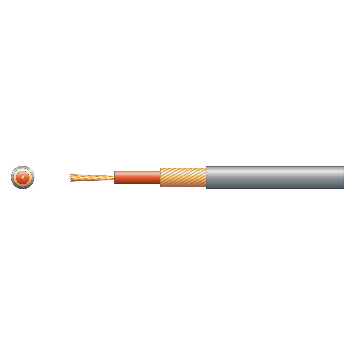 Diagram of the Mercury 1 Core Lap Screen Cable, 3mm - Grey (100m), showing a cross-section and side view with central copper conductor, insulation, lap screening as shielding, and tough grey PVC sheath for audio use.