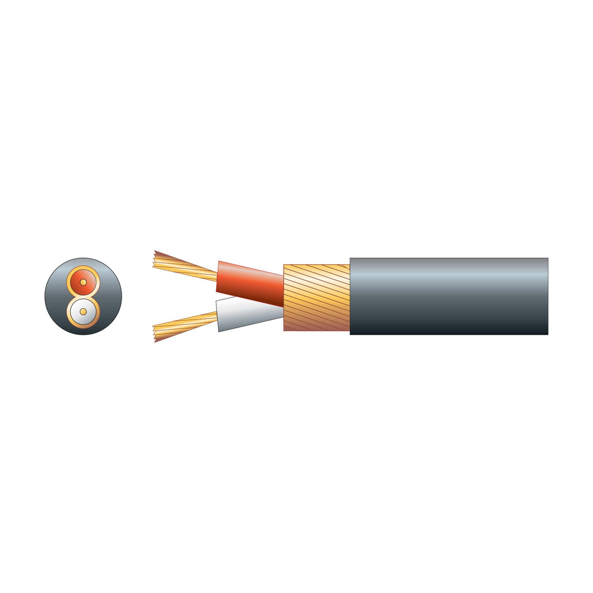 Cutaway diagram of AVSL Mercury 2 core screened audio cable with red and white insulated cores, copper lap screen and black 4mm PVC sheath.