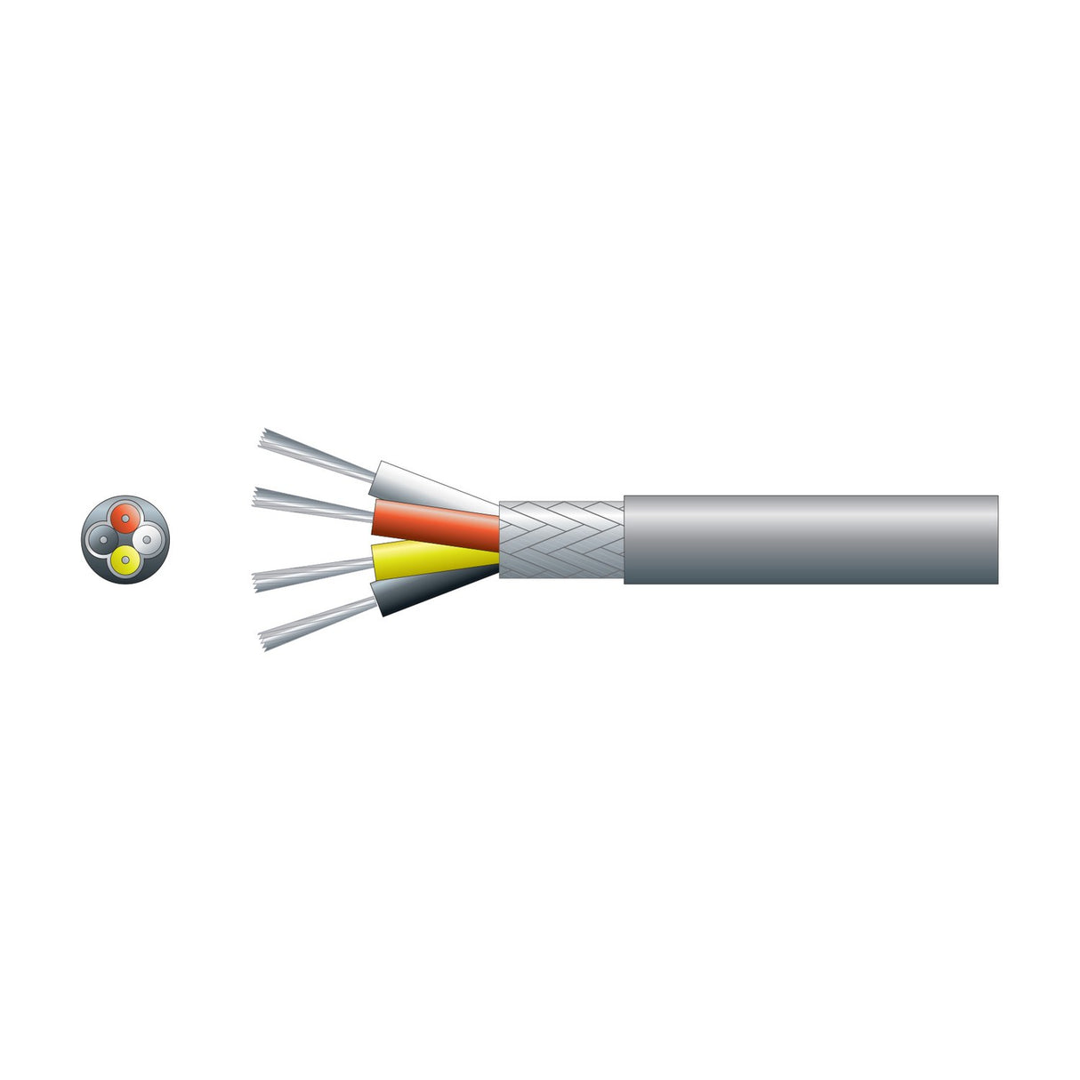 Mercury 4 core screened signal cable by AVSL with grey PVC sheath, braided screen, and orange, yellow, and white cores, shown with cross-section view.