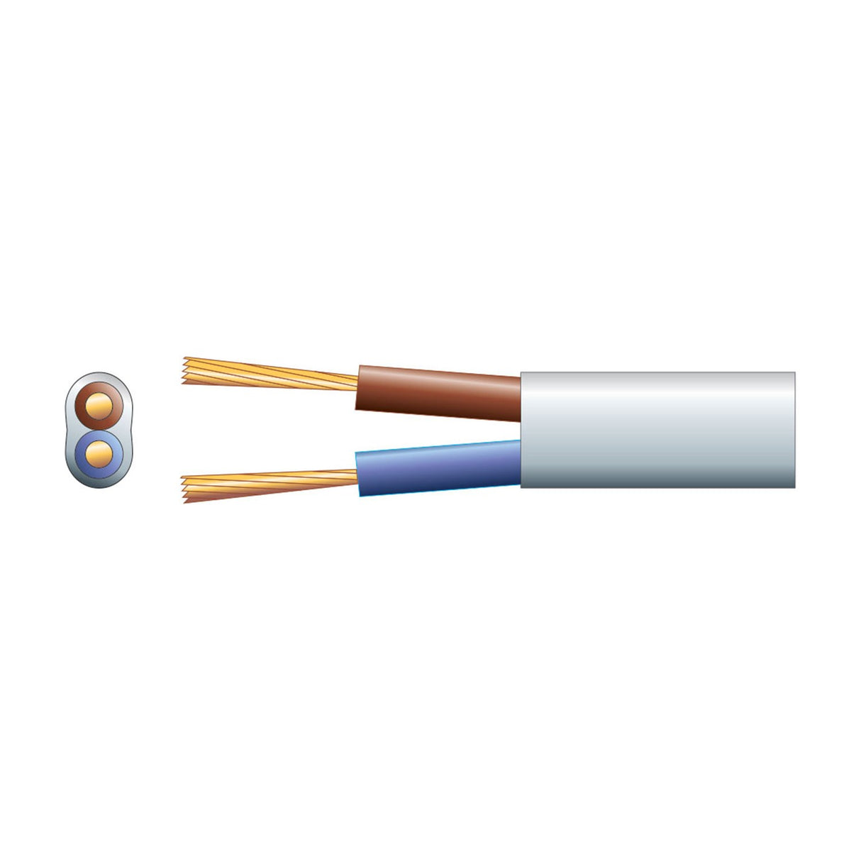 Mercury 2 core oval mains cable with brown and blue stranded copper conductors in a white PVC sheath, shown with cross-section detail on a white background.