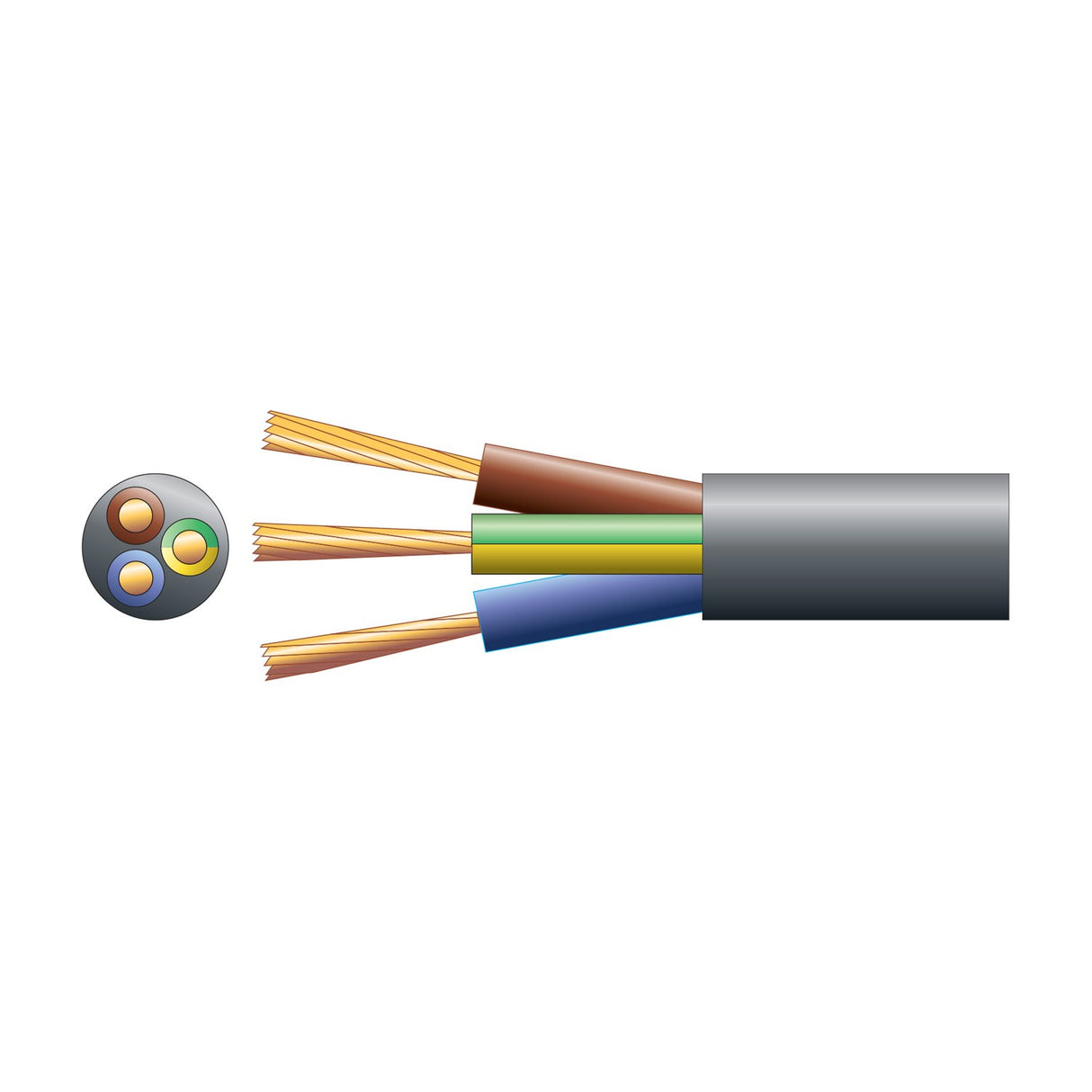 Cutaway diagram of AVSL Mercury Round 3 Core Black Mains Cable showing brown, blue and green/yellow PVC-insulated copper conductors within the black sheath.