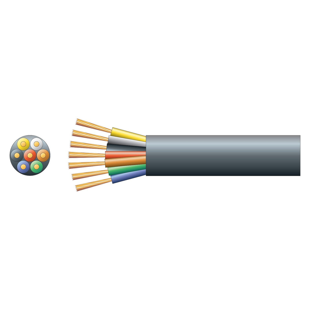 Illustration of a cross-section and side view of Mercury Lighting/Trailer Cable, 7 x 22 - Black (100m), showing multiple color-coded insulated copper wires inside a black outer sheath.