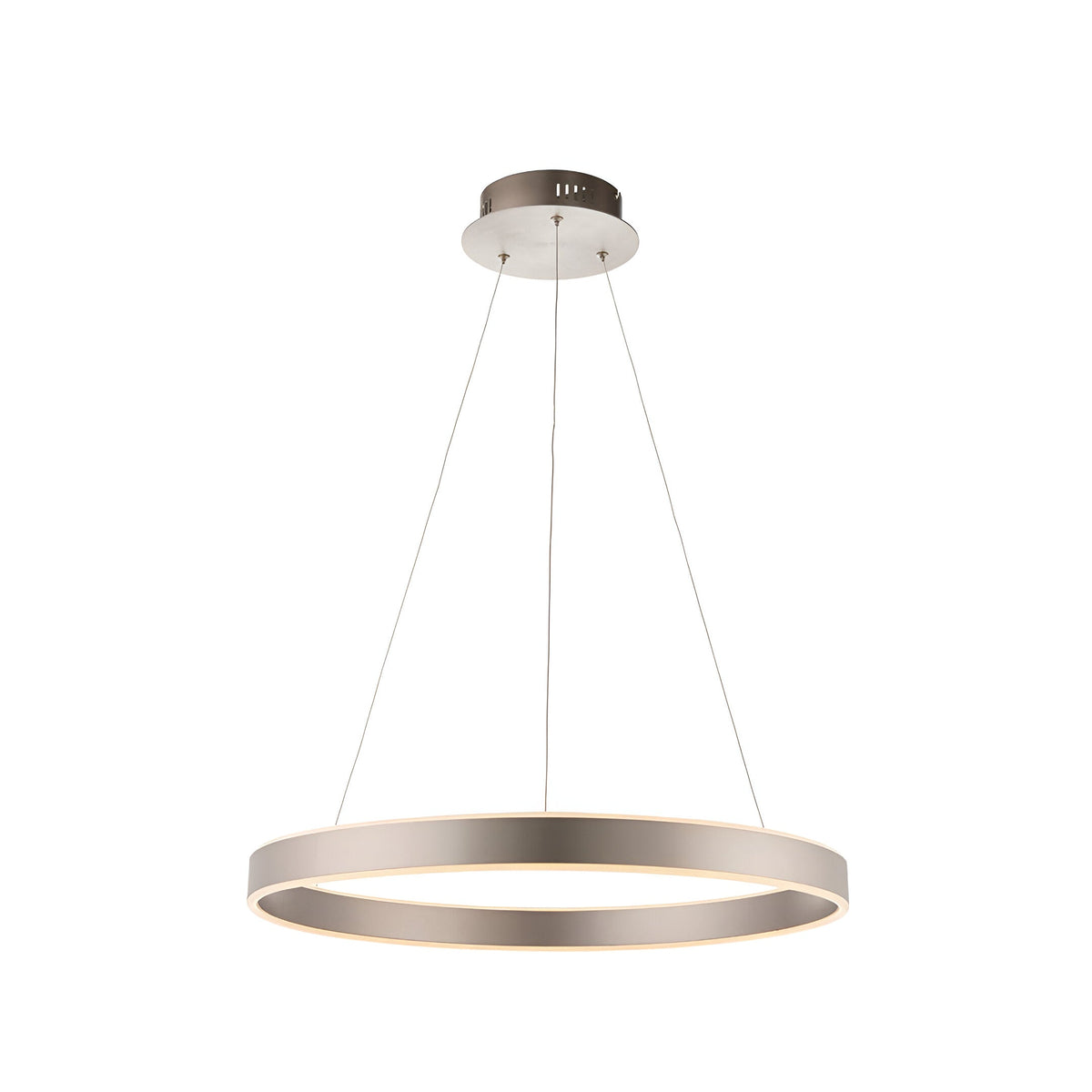 Bramford Pendant in matt nickel, a large ring-shaped LED light suspended by thin cables from a round ceiling plate, shown on a plain white background.