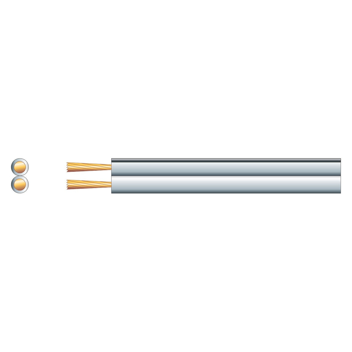 Illustration of the Mercury High Quality Figure 8 Speaker Cable, featuring two oxygen-free copper conductors for optimal audio transmission. The wire is presented with an outer insulation layer and a cutaway revealing its internal strands. Separate views of the two copper cross sections highlight the conductor composition.