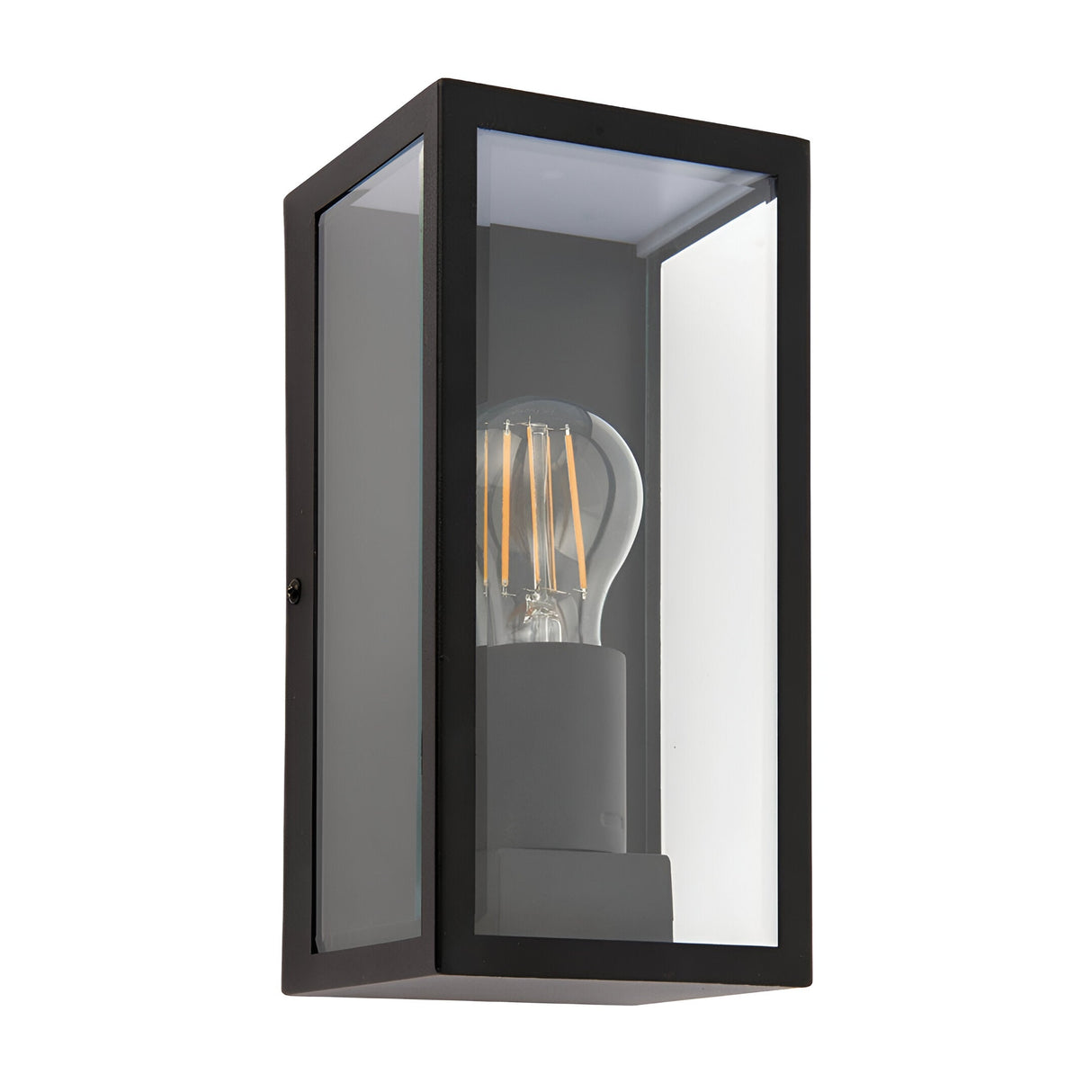 Endon Castwick box lantern wall light in matt black steel with clear bevelled glass panels and a single E27 filament bulb, on a white background.