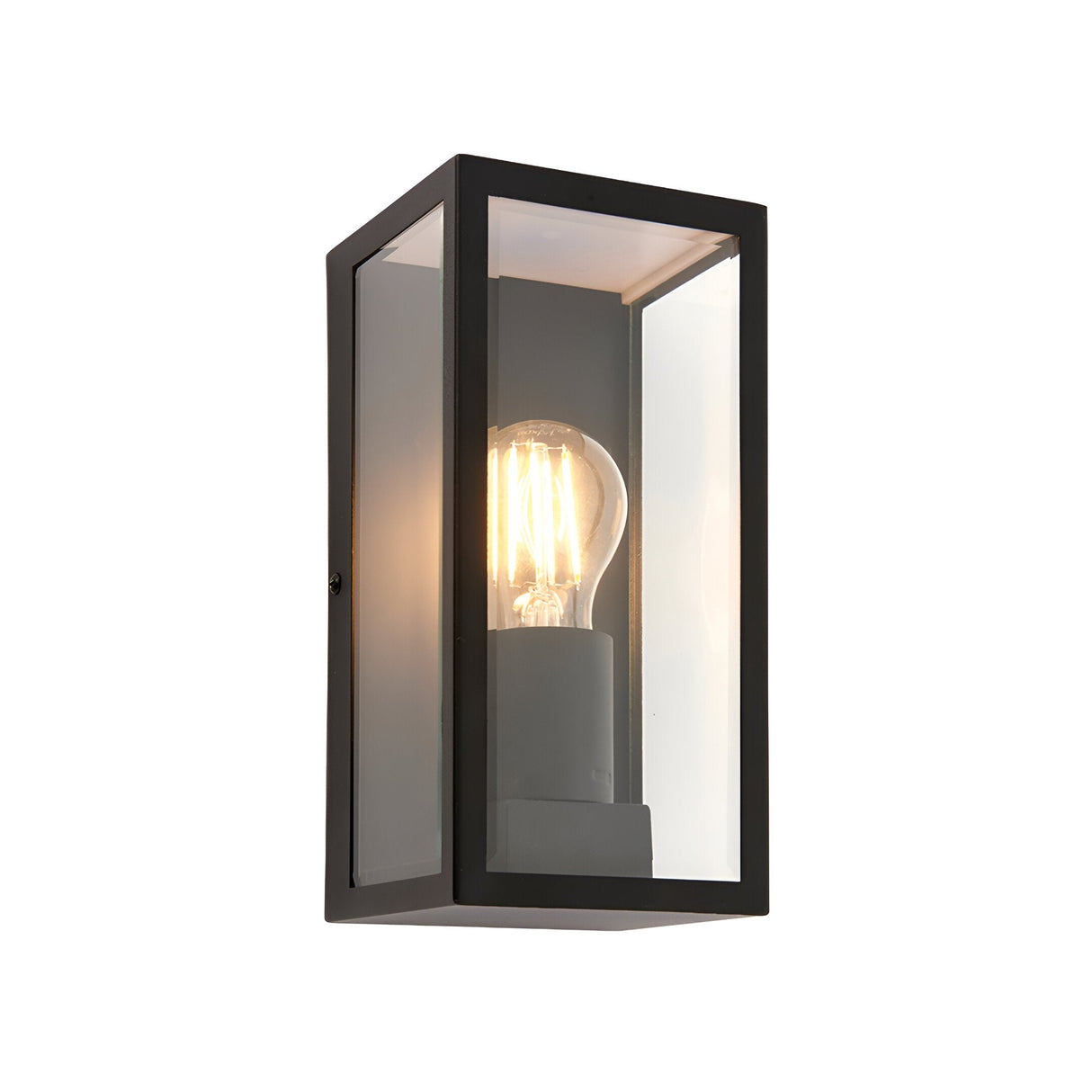 Endon Castwick box lantern wall light in matt black with clear bevelled glass panels and a single E27 filament bulb, shown on a white background.