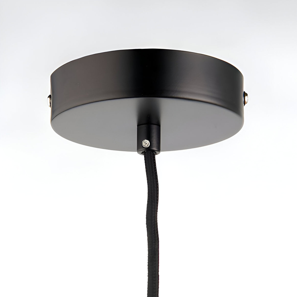 Endon Marlowe matt black ceiling rose with black fabric flex cable, part of the E27 pendant cable set, shown against a plain white background.
