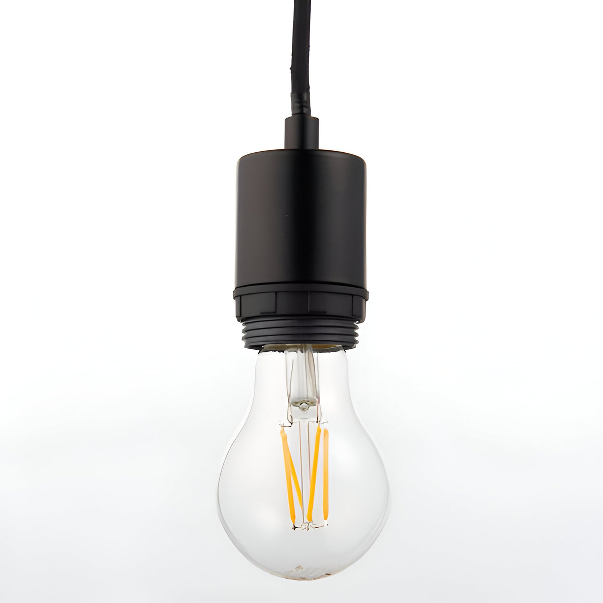 Endon Marlowe matt black pendant cable set with E27 lampholder, black flex and clear filament LED bulb, shown on a plain white background.