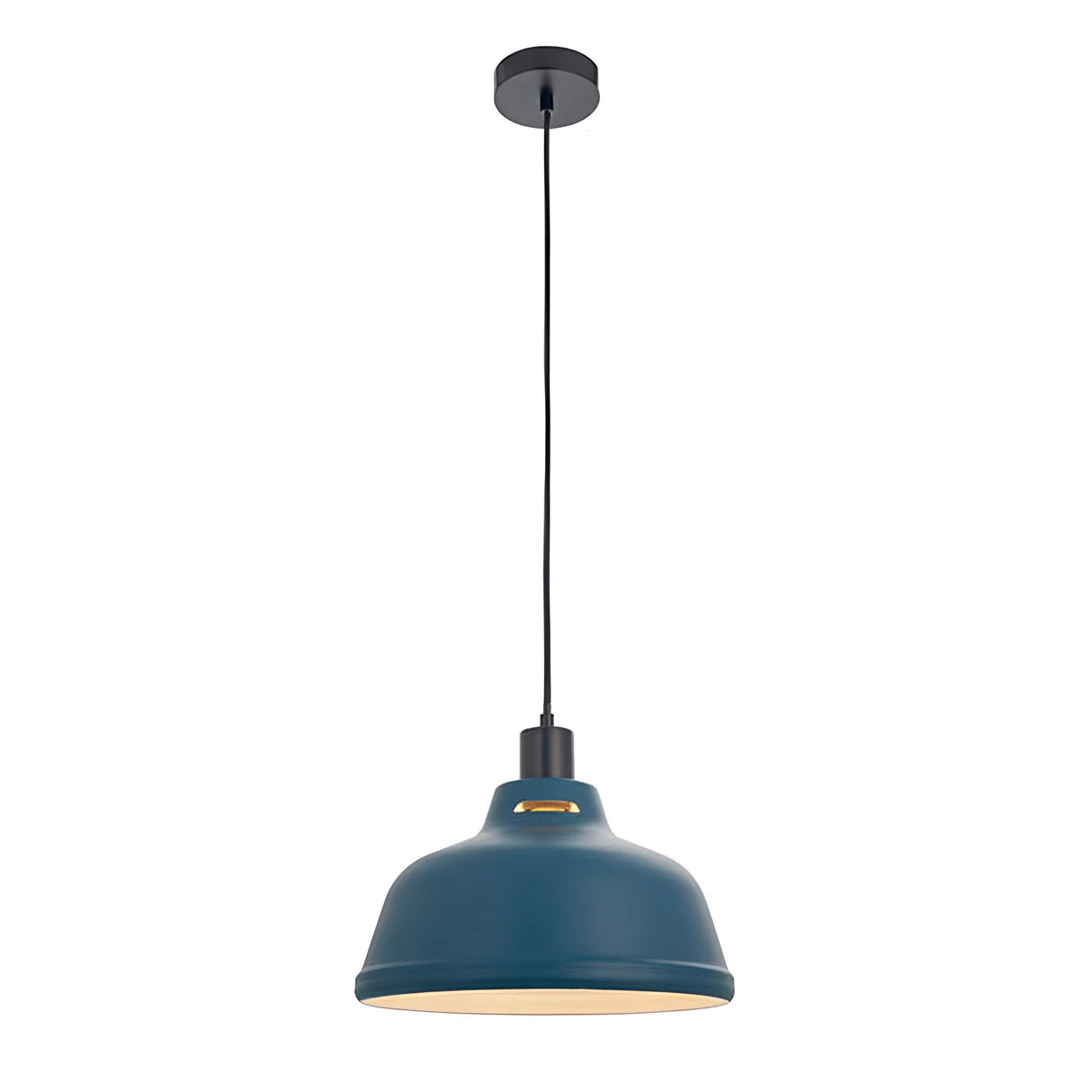 Endon Marlowe pendant cable set shown with a matt blue dome shade and black E27 lampholder on black flex with ceiling rose, on white.