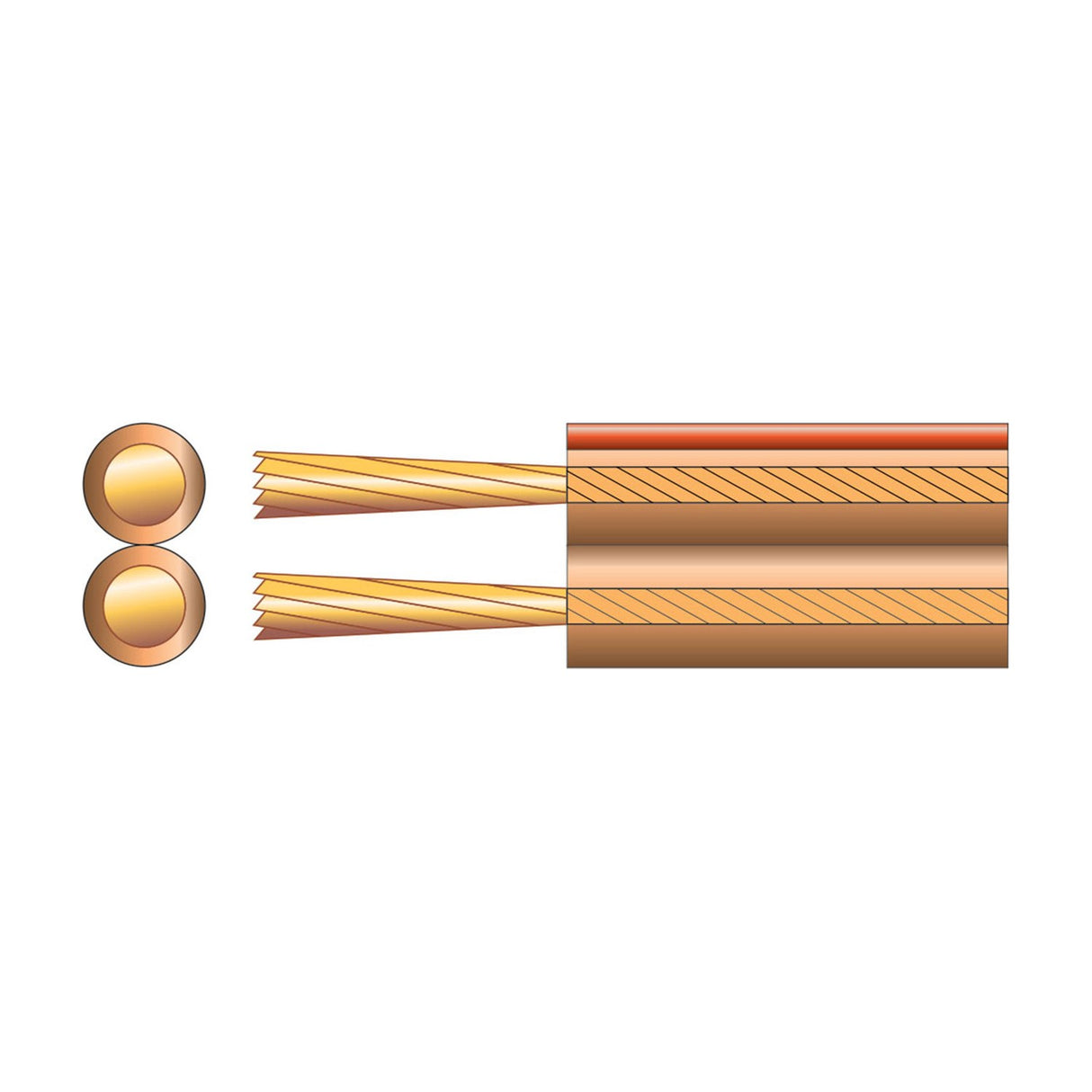 Cutaway illustration of Mercury 2 core speaker cable with twin copper-clad aluminium conductors, transparent PVC sheath and red polarity stripe.