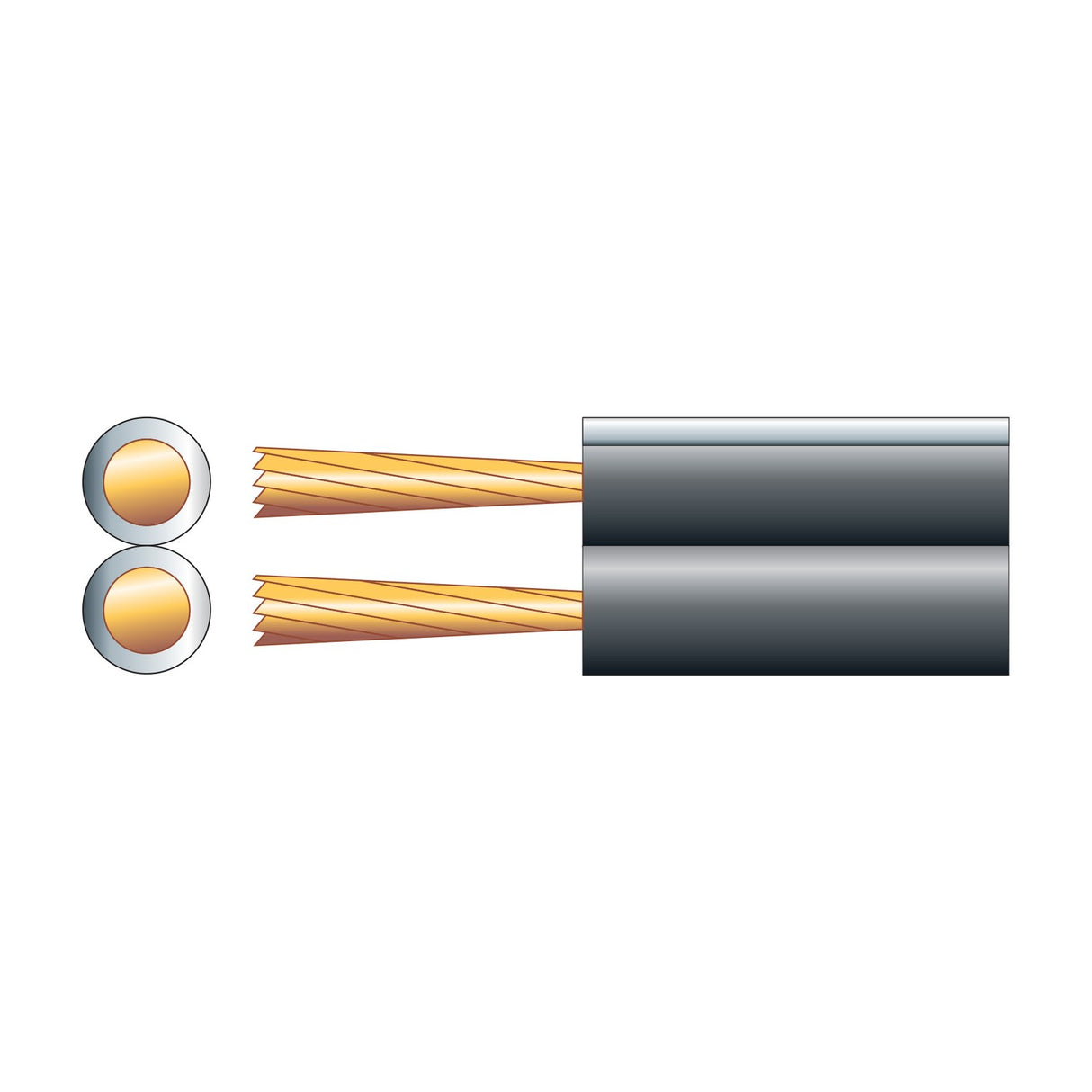 Mercury Figure 8 CCA speaker cable showing cross-section of twin conductors in black PVC sheath alongside exposed copper clad aluminium strands.