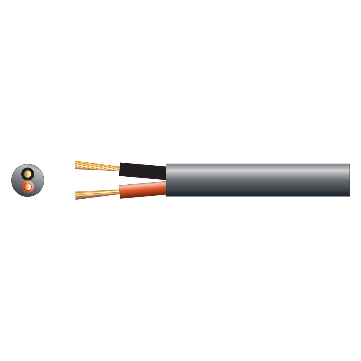 Illustration of the Mercury Hi Flex Double Insulated Speaker Cable, featuring two exposed solid copper conductors with black and red insulation. The cross-sectional view on the left displays the arrangement of the wires within the cable sheath, making it ideal for audio transmission as a speaker cable.