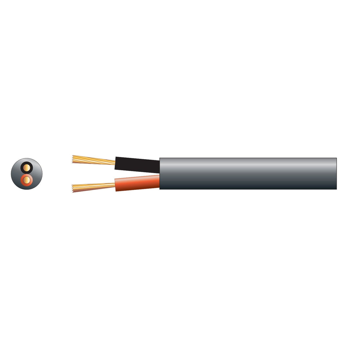 An illustration of the Mercury Hi Flex Double Insulated LSZH Speaker Cable, 2 x 24, Black (100m) depicts a side view and cross-section featuring two oxygen-free copper conductors. These are covered in black and red insulation and encased in a gray low smoke zero halogen outer sheath.